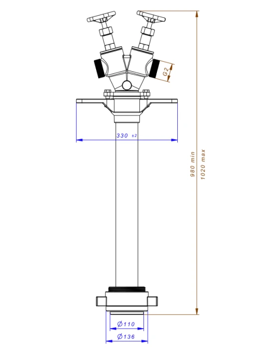 Stojak hydrantowy DN100 podwójny A/CC (2x52), przyłącze DN100, rura DN80