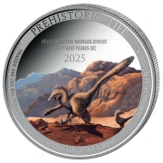 1 uncja, Velociraptor mongoliensis kolorowany, Seria: Prehistoric Life, Srebrna moneta 2025