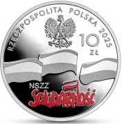 Moneta kolekcjonerska NBP 10 zł 45. rocznica powstania NSZZ „Solidarność” awers