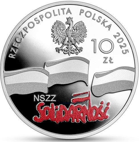 Moneta kolekcjonerska NBP 10 zł 45. rocznica powstania NSZZ „Solidarność” awers