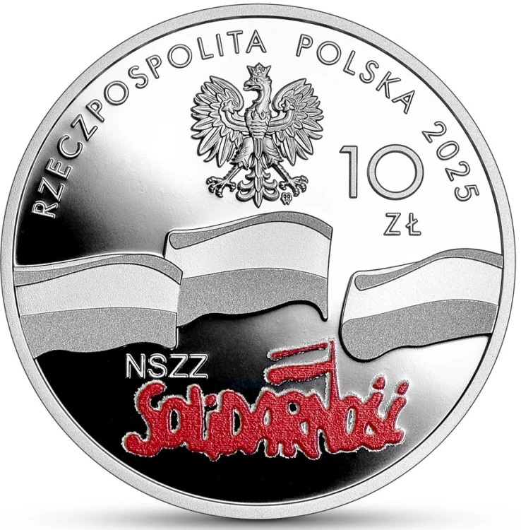 Moneta kolekcjonerska NBP 10 zł 45. rocznica powstania NSZZ „Solidarność” awers