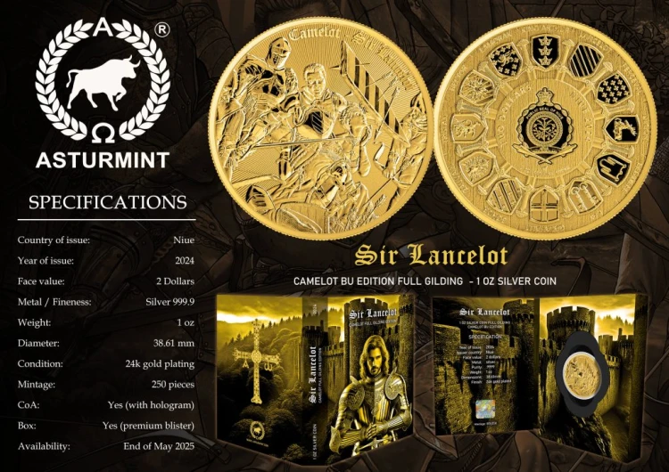 1 uncja, Sir Lancelot, Srebrna moneta pozłacana