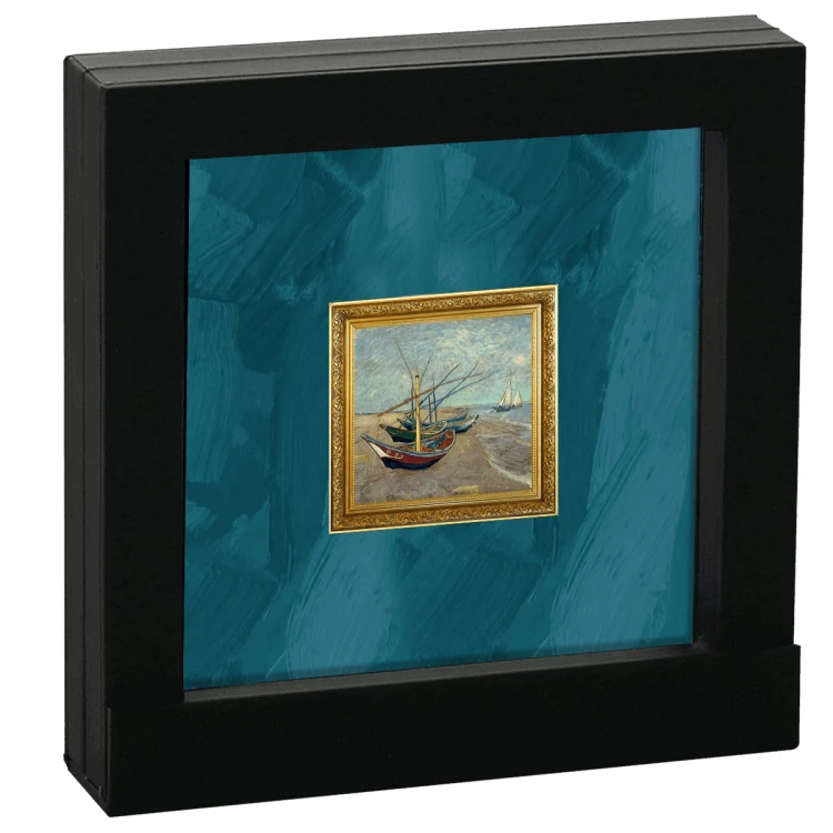 Srebrna moneta 1$ Łodzie rybackie na plaży w Saintes-Maries-de-la-Mer, Seria: Vincent Van Gogh ramka