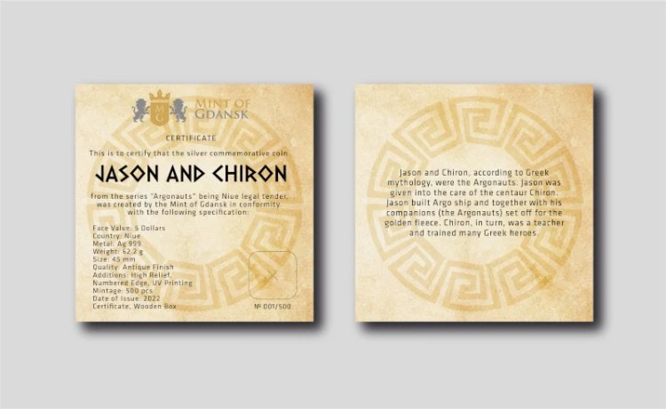 Srebrna moneta 5$ Jazon i Chiron, Seria: Argonauci certyfikat