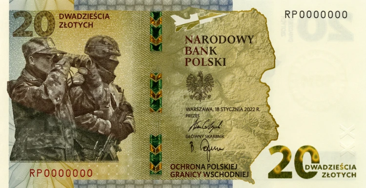 Banknot kolekcjonerski 20 zł Ochrona polskiej granicy wschodniej strona przednia