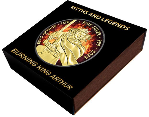 Srebrna moneta 2£ Płonący Król Artur Mity i Legendy etui