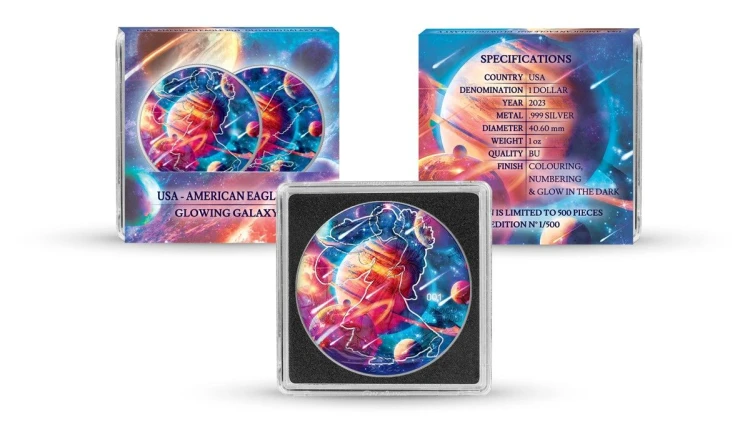 Srebrna moneta 1 oz Amerykański Orzeł Galaxy Glowing V etui