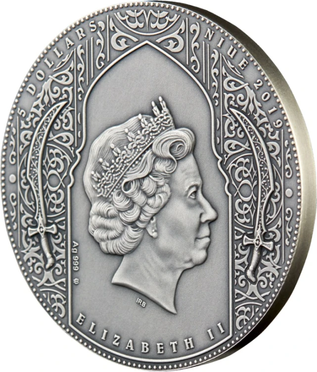 Srebrna moneta 5$ Nizaryci Asasini awers rant