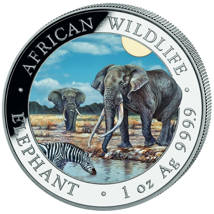 1 uncja, Słoń, Seria: African Wildlife, Srebrna moneta kolorowana 2026