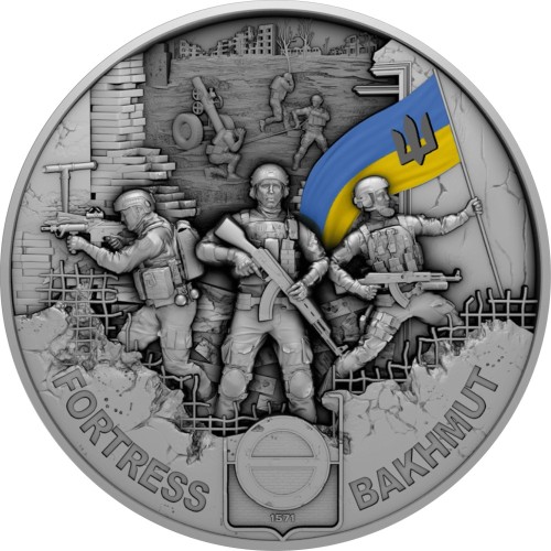 Srebrna moneta 10 cedi Twierdza Bachmut rewers