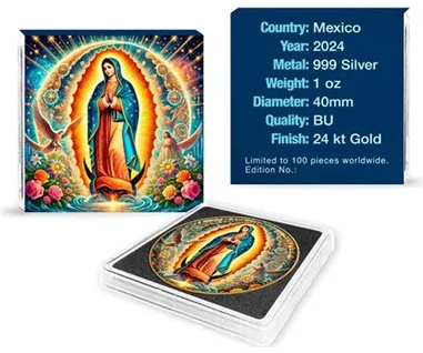 1 uncja, Matka Boża z Guadalupe, Mexico Libertad, Srebrna moneta uszlachetniona