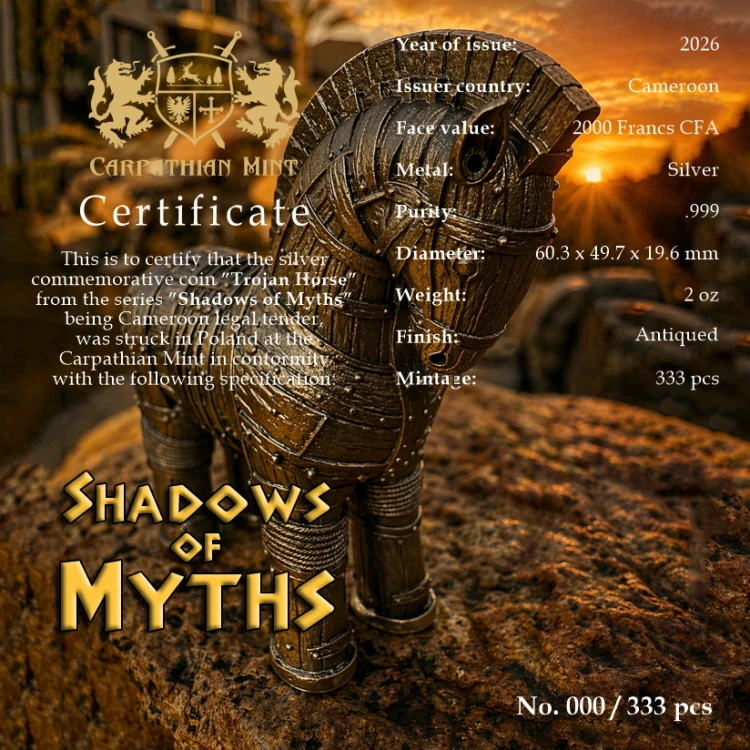 Poznaj monetę z serii „The Shadows of Myths” inspirowaną legendą o Koniu Trojańskim. Wyjątkowa emisja dla kolekcjonerów, miłośników mitologii i historii.