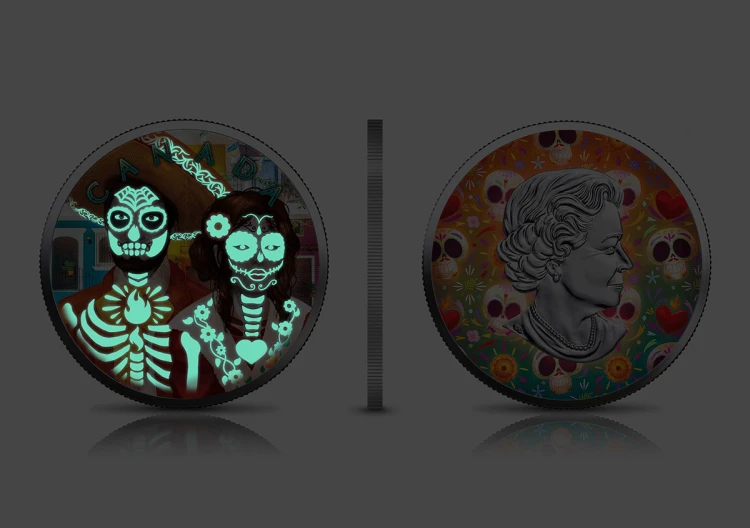 Srebrny zestaw monet Día de Muertos - 3 x 2022 Maple Leaf glowing 2