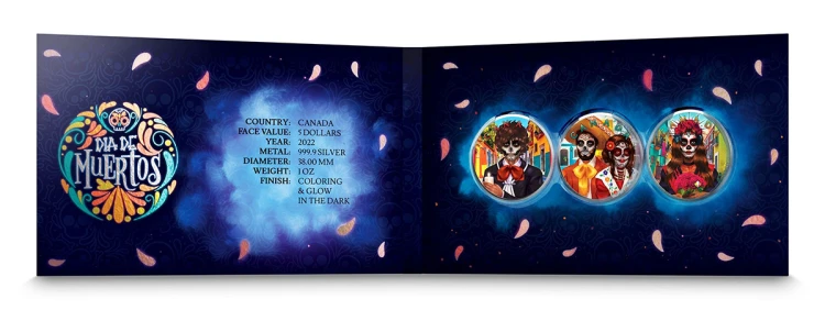 Srebrny zestaw monet Día de Muertos - 3 x 2022 Maple Leaf etui 2