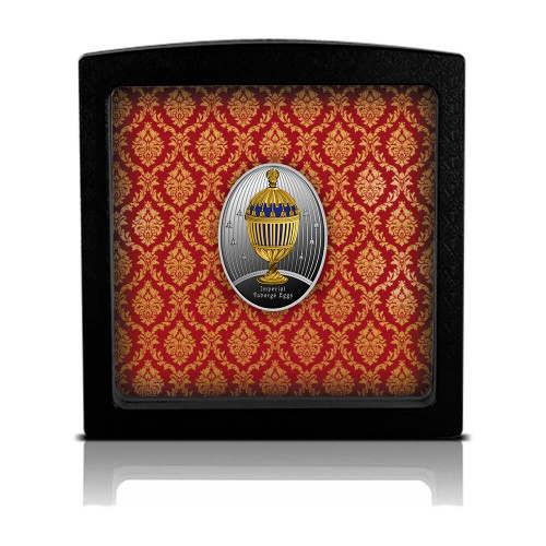 Srebrna moneta Jajo zdobione niebieskimi pasami, Seria: Jaja Faberge ramka