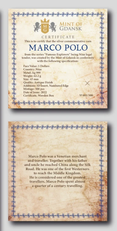 Srebrna moneta 5$ Marco Polo certyfikat