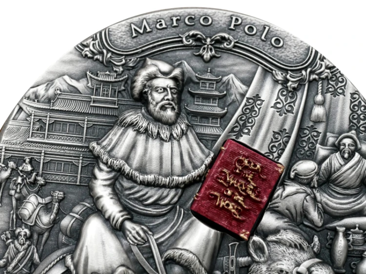 Srebrna moneta 5$ Marco Polo prezentacja rewers detal 2