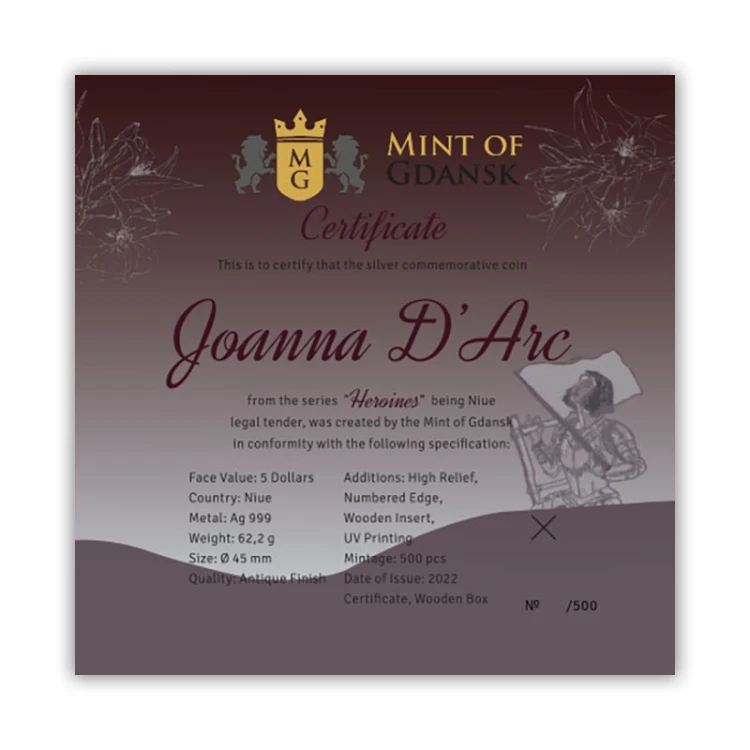Srebrna moneta 5$ Joanna d'Arc certyfikat