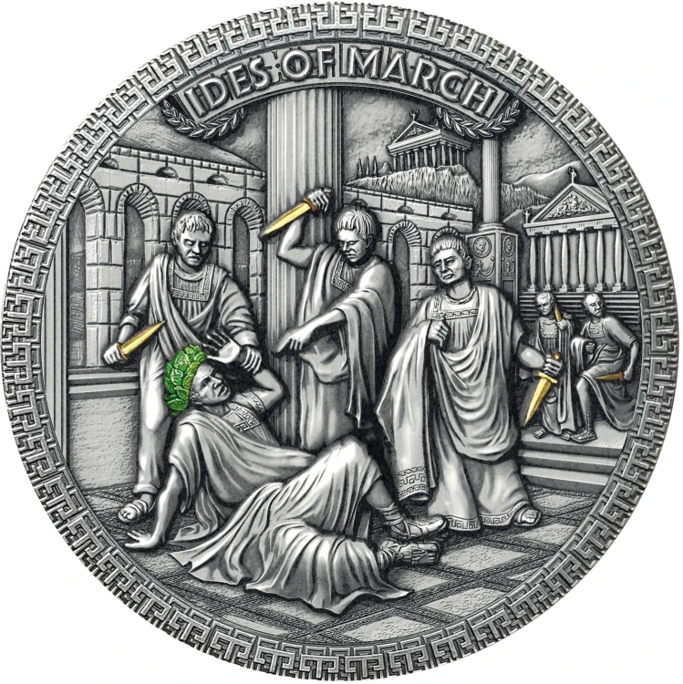 Srebrna moneta 5$ Idy Marcowe, Zamach na Juliusza Cezara, Seria: Słynne zamachy