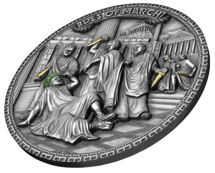 Srebrna moneta 5$ Idy Marcowe, Zamach na Juliusza Cezara, Seria: Słynne zamachy