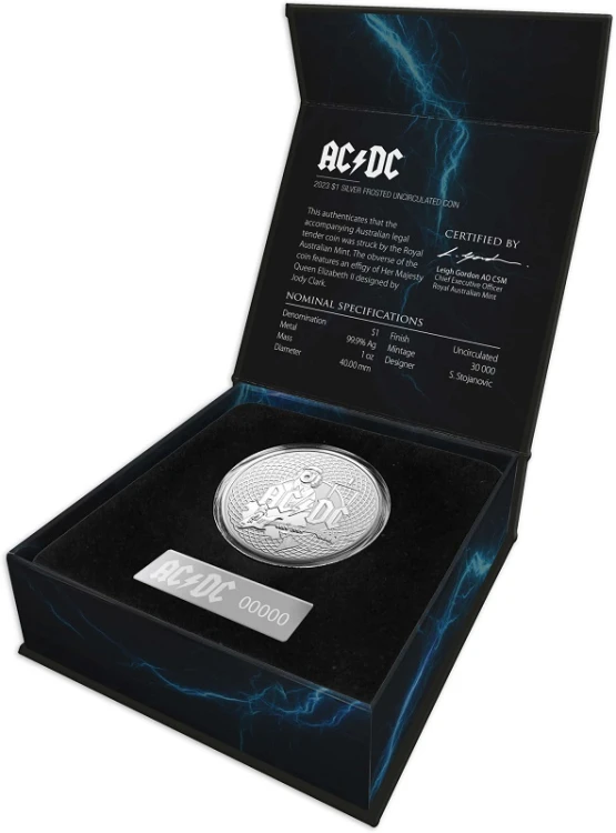 Srebrna moneta 1$ AC/DC certyfikat