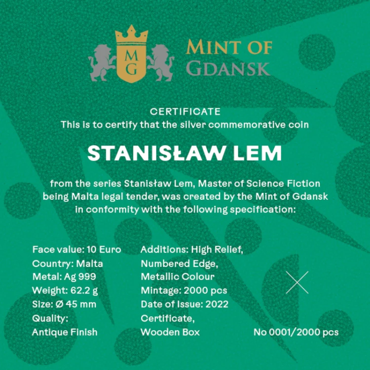 Srebrna moneta 10 € Stanisław Lem Mistrz Fantastyki