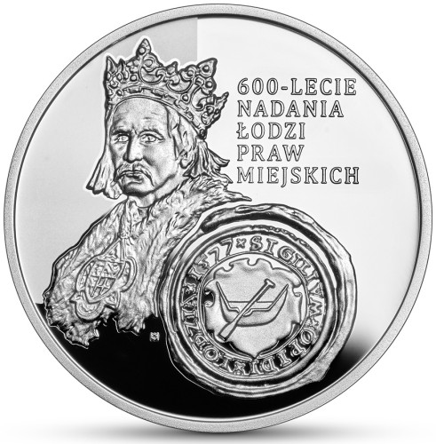 Srebrna moneta 10 zł 600-lecie nadania Łodzi praw miejskich rewers