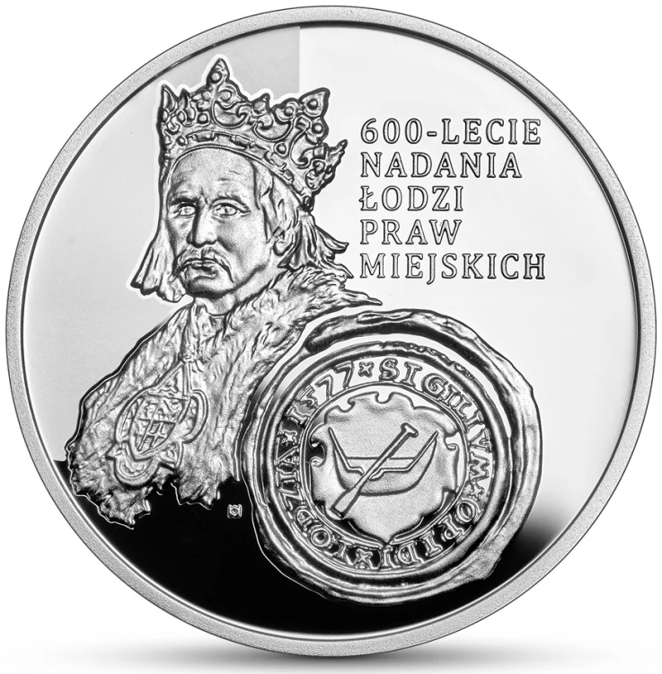 Srebrna moneta 10 zł 600-lecie nadania Łodzi praw miejskich rewers