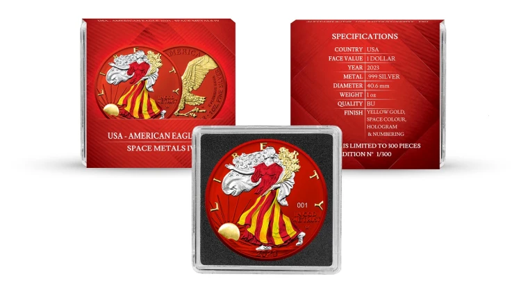 Srebrna moneta 1 oz Amerykański Orzeł Space Metals IV Red etui