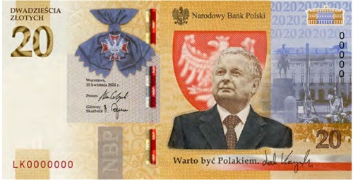 Banknot kolekcjonerski 20 zł Lech Kaczyński strona przednia