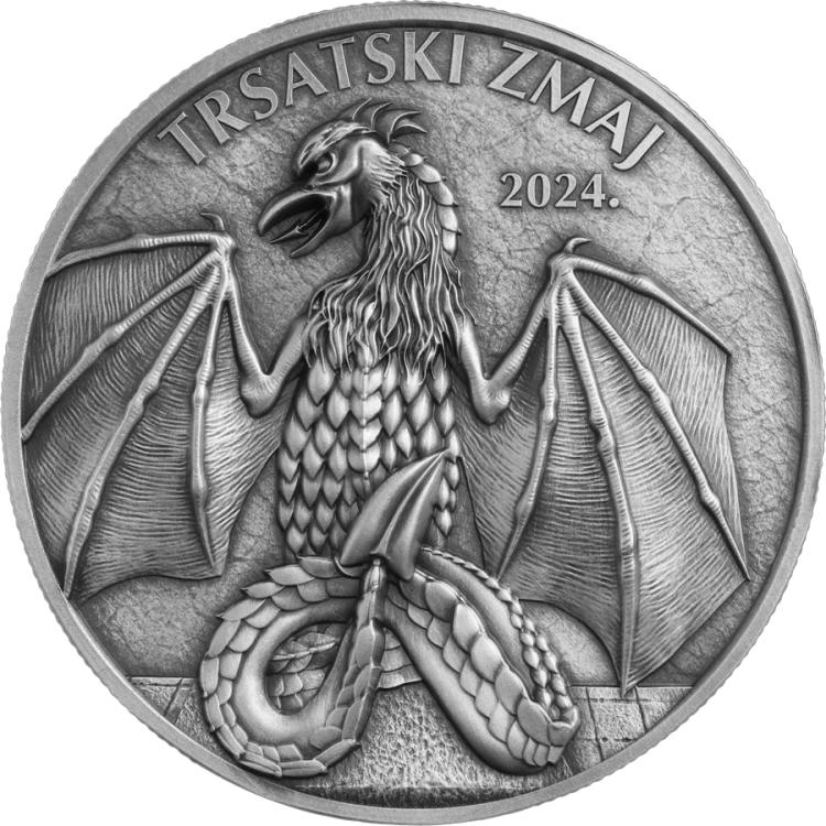 Srebrna moneta 6 Euro Smoki z Trsatu awers