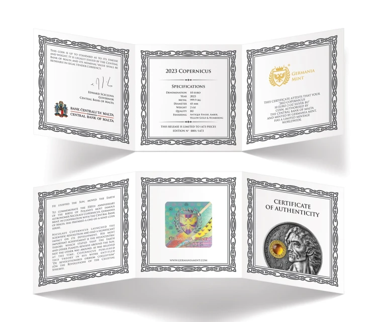 Srebrna moneta kolekcjonerska 10€ Malta Copernicus certyfikat