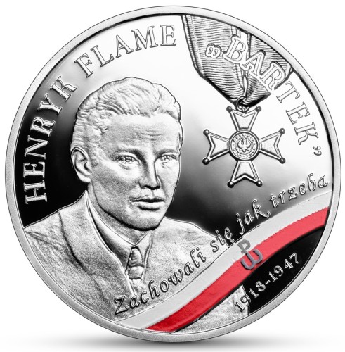 Srebrna moneta kolekcjonerska 10 zł Wyklęci przez komunistów żołnierze niezłomni – Henryk Flame „Bartek” rewers