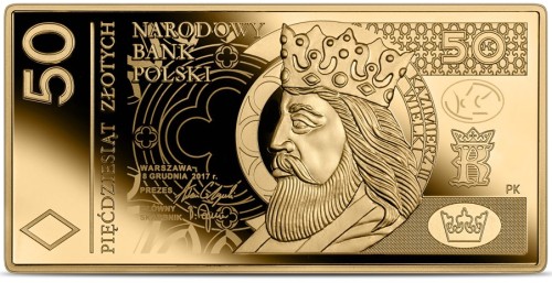 Złota moneta 50 zł Polskie banknoty obiegowe rewers