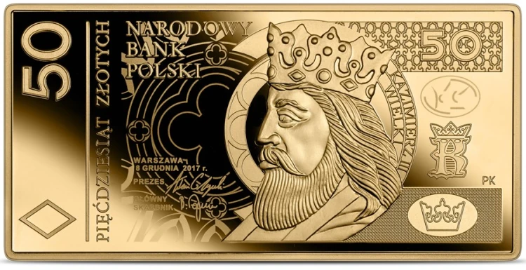 Złota moneta 50 zł Polskie banknoty obiegowe rewers