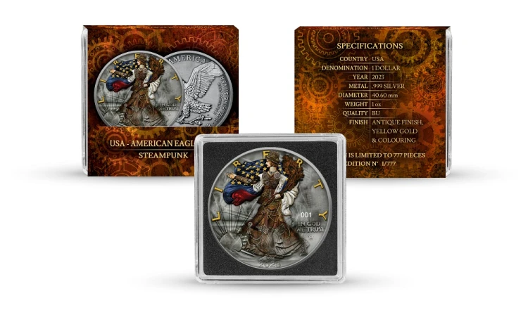 Srebrna moneta 1 oz Amerykański Orzeł Steam Punk prezentacja