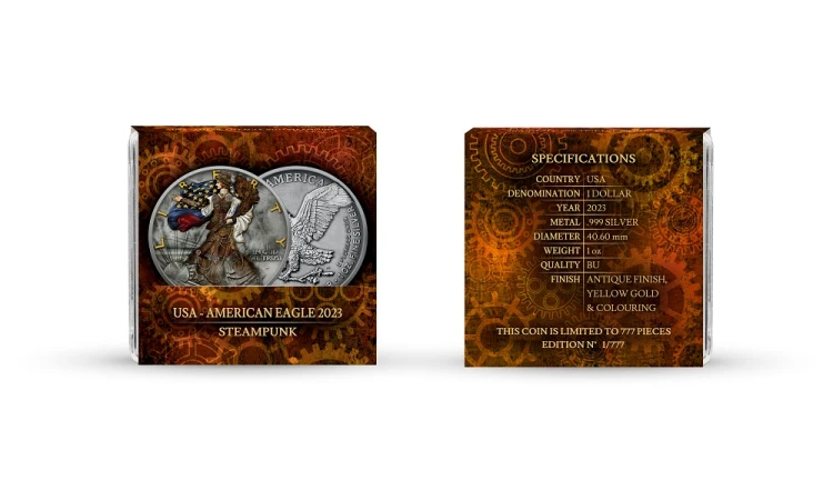 Srebrna moneta 1 oz Amerykański Orzeł Steam Punk certyfikat