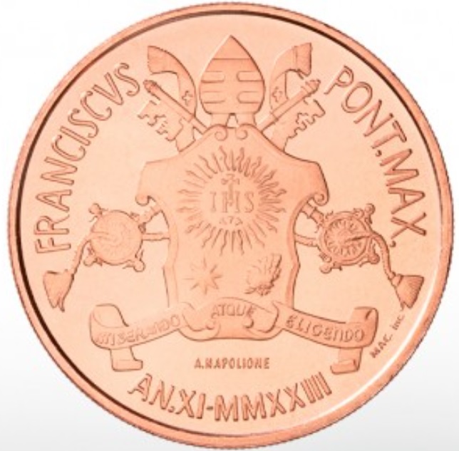 Miedziana moneta 20 euro Sztuka i Wiara Watykan awers